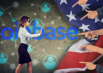 Señalan a Coinbase por vender datos y bandera de Estados Unidos.