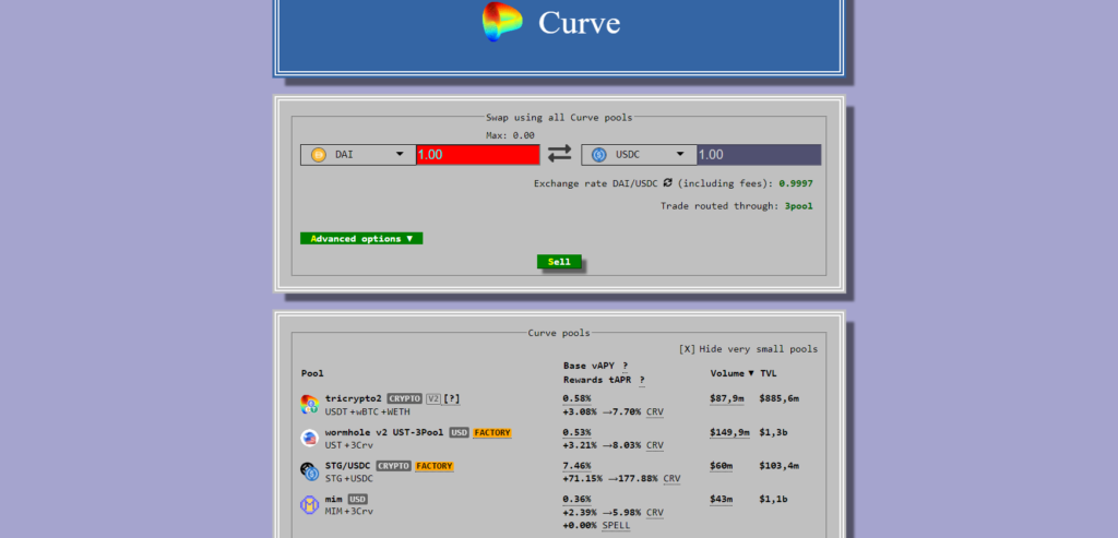 Pantalla de inicio del DeFi Curve.