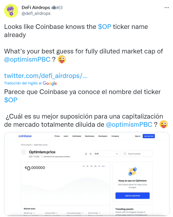 Tuit de @defi_airdrops sobre Coinbase.