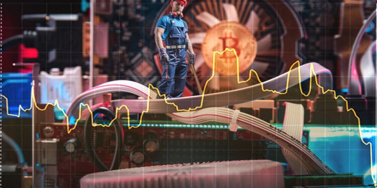 minero de bitcoin observa disminución en el gráfico del hashprice con moneda de bitcoin en el fondo
