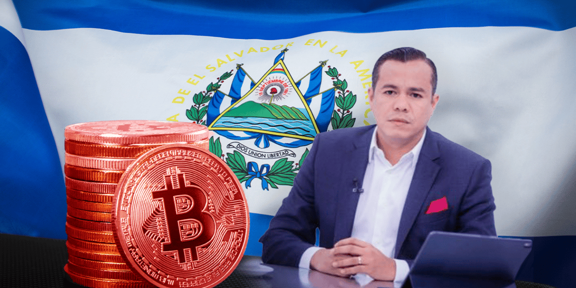 Bandera de El Salvador, bitcoin en rojo y Alejandro Zelaya.