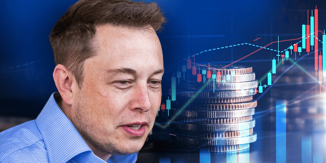 Elon Musk y gráficos con monedas atrás.