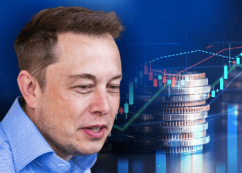 Elon Musk y gráficos con monedas atrás.