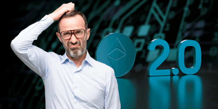 Hombre confundido acompañado de un ethereum 2.0.