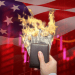 La mano de una persona sosteniendo una cartera con dólares en llamas frente una bandera de Estados Unidos y un gráfico de precios en rojo.