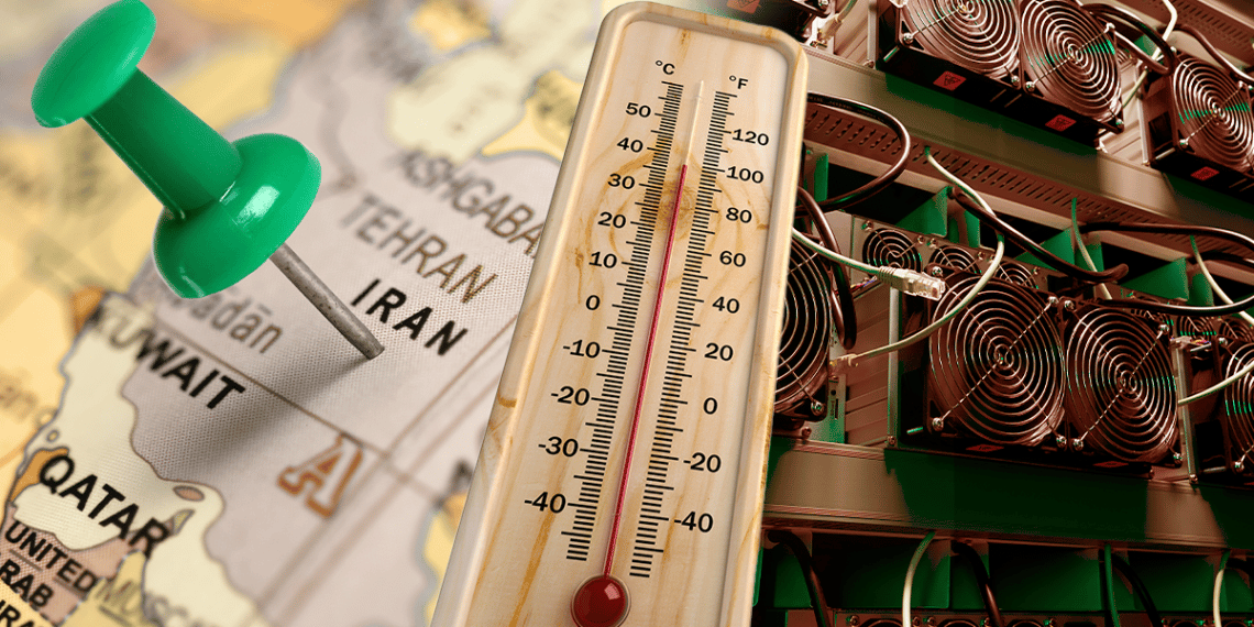 Mapa de Irán y mineros de Bitcoin con termómetro indicando alta temperatura.