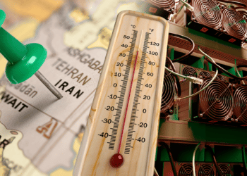 Mapa de Irán y mineros de Bitcoin con termómetro indicando alta temperatura.