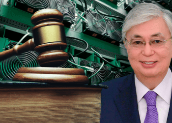 Presidente de Kazajistán y mazo de ley con minería bitcoin.