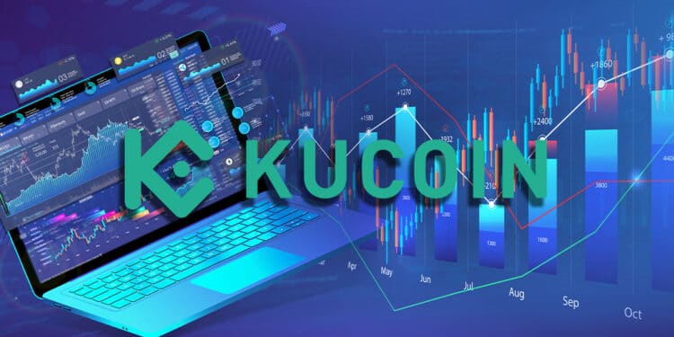 Logo del exchange Kucoin frente a una lapto con gráficos de precios.