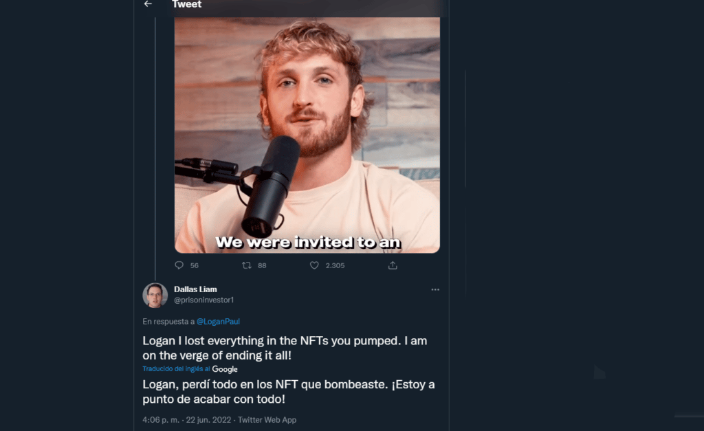 He claims to have lost USD 750,000 with NFT projects and accuses Logan Paul and influencers