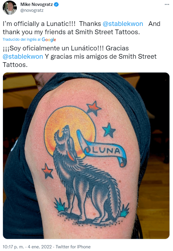 Tuit de Novogratz y su tatuaje aludiendo a Luna.