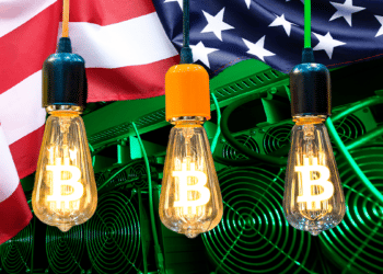 Minero de Bitcoin, bandera de Estados Unidos y lamparas con B de Bitcoin.