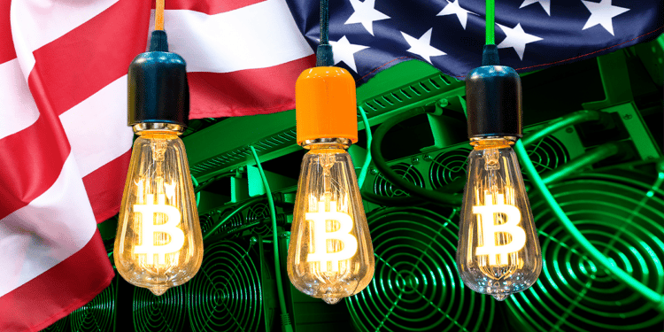 Minero de Bitcoin, bandera de Estados Unidos y lamparas con B de Bitcoin.