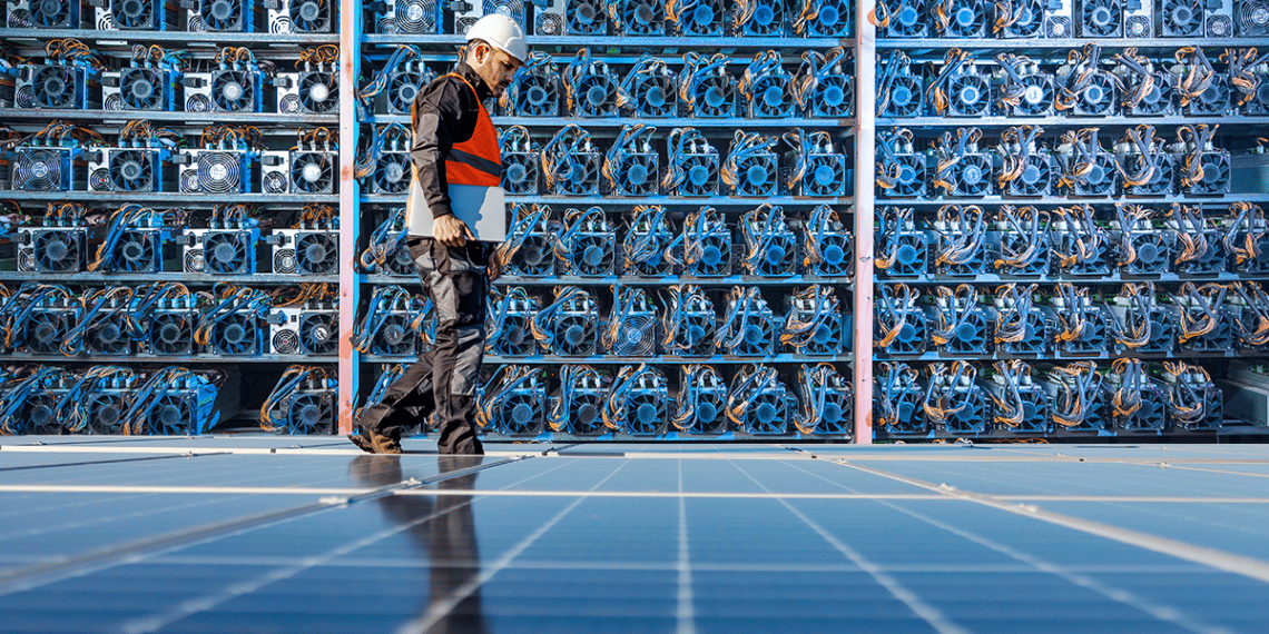 Minero en una mineria de bitcoin caminando sobre un panel solar.