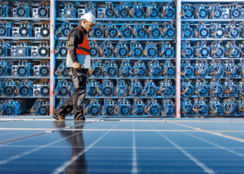 Minero en una mineria de bitcoin caminando sobre un panel solar.