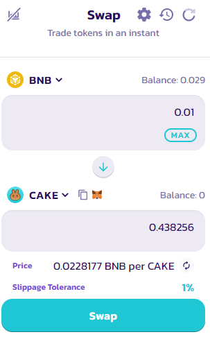 Conversión de BNB a CAKE en Pancakeswap.