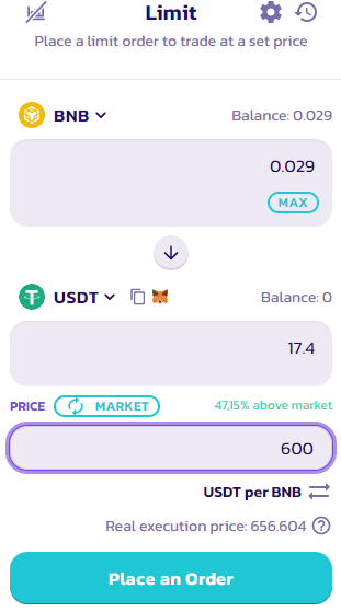 Conversión de BNB a USDT en Pancakeswap.