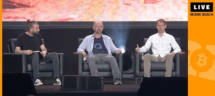 Adam Back, CEO of Blockstream and Steve Lee, Leader of Spiral, at the panel on the decentralization of bitcoin mining at the Bitcoin Conference 2022