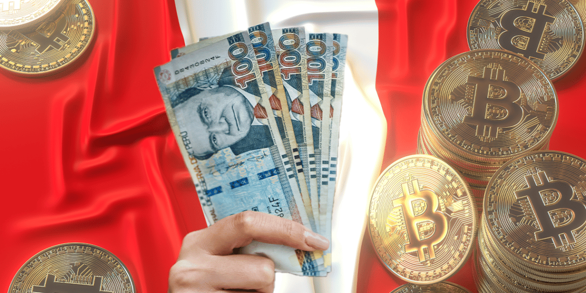 Bandera de Perú, soles y bitcoins.