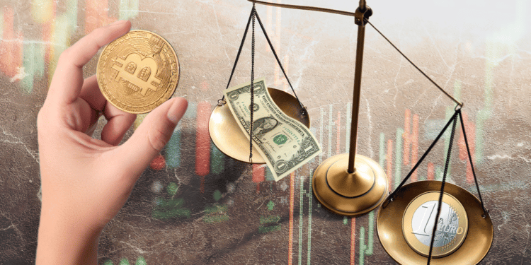 Valor entre dólar y euro con Bitcoin a un lado.