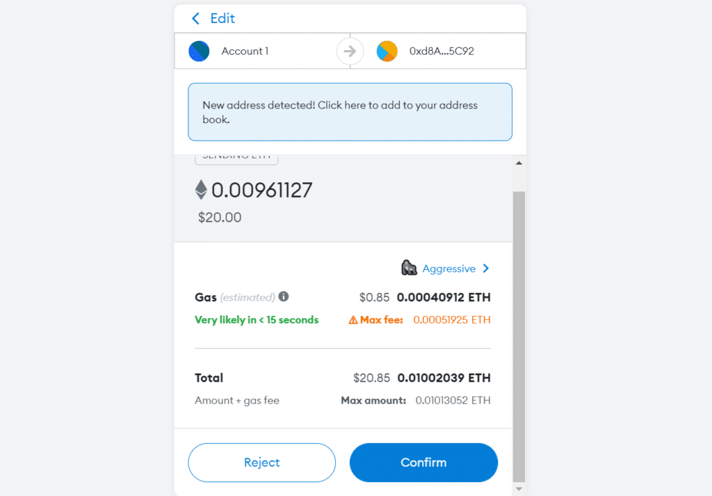 Ethereum transaction fee options according to metamask