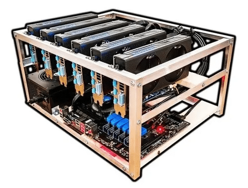 Rig de GPU para minería de criptomonedas.