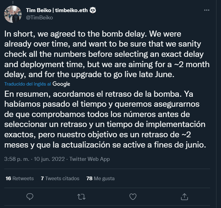 Tim Beiko sobre bomba de dificultad ETH.