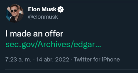 Elon Musk se encargó de informar su oferta ante la SEC y compartió el comunicado en su cuenta de Twitter.