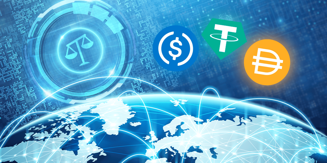 Mundo y logo de regulación con algunas stablecoins: USDT, USDC, DAI.