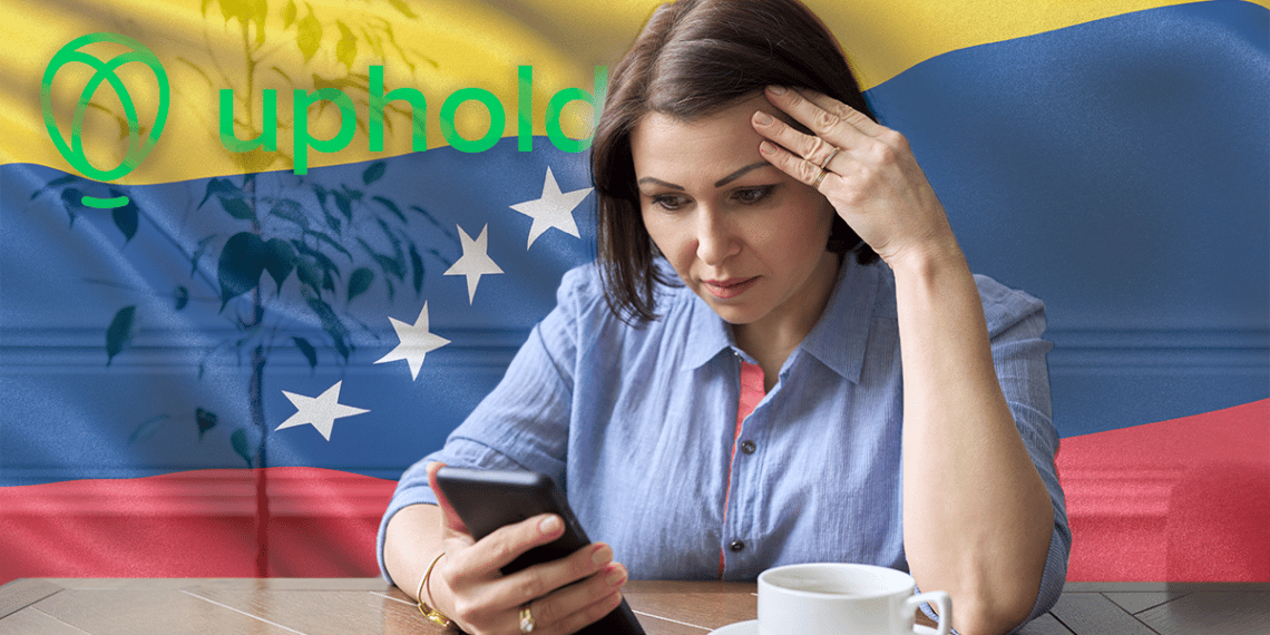 Mujer preocupada con su celular acompañada de la bandera de Venezuela y el logo de Uphold.