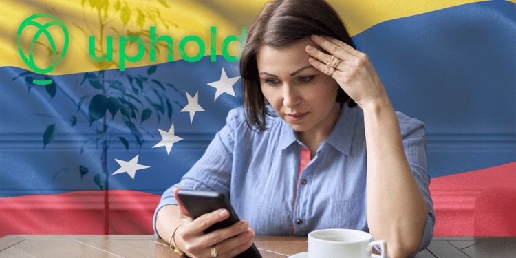 Mujer preocupada con su celular acompañada de la bandera de Venezuela y el logo de Uphold.