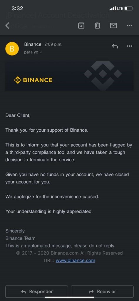 Correo que recibieron algunos usuarios a los que Binance había bloqueado.