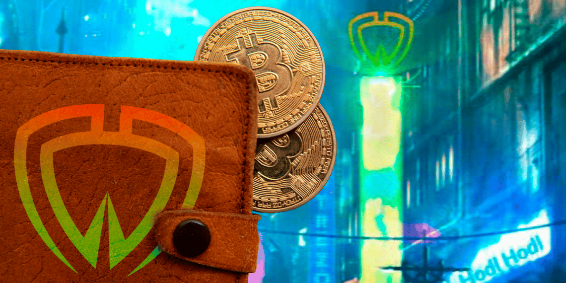 Fondo steampunk y monedero de Bitcoin con logo de Wasabi.