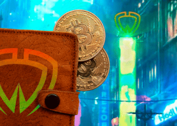 Fondo steampunk y monedero de Bitcoin con logo de Wasabi.