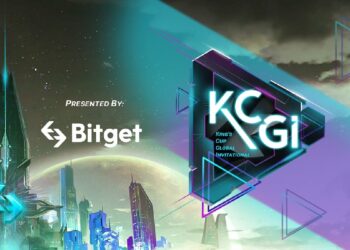 Ciudad futurista con el logo del exchange Bitget