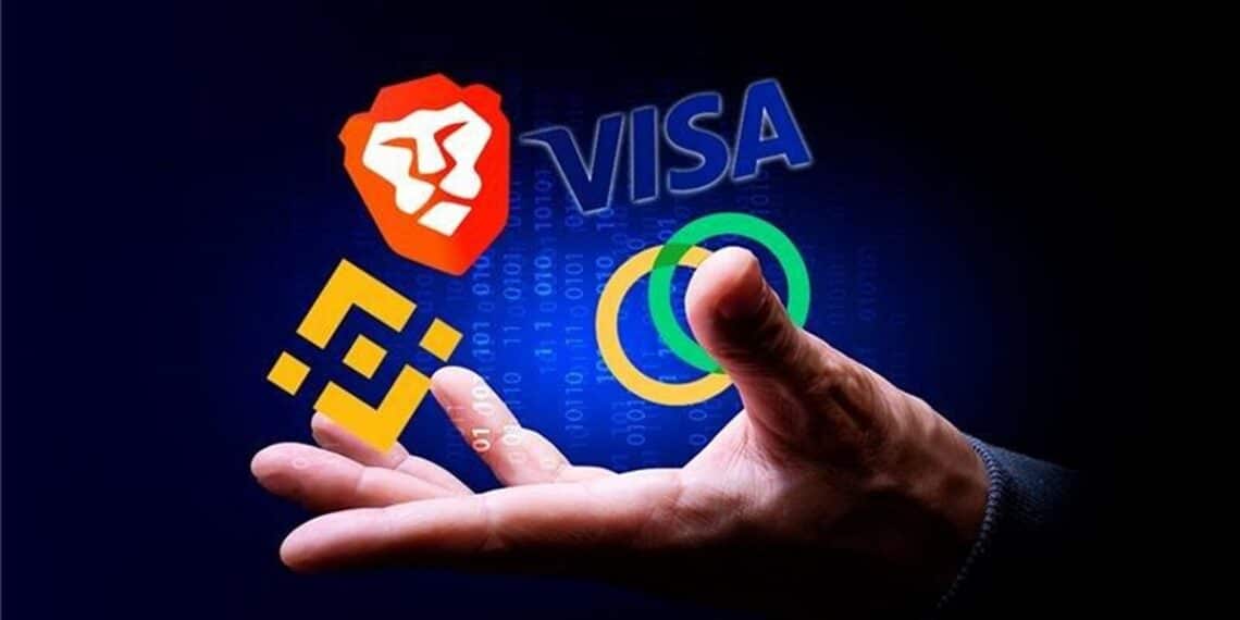 Una mano masculina abierta y los logos de VISA, Binance y Brave encima