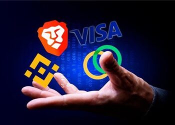 Una mano masculina abierta y los logos de VISA, Binance y Brave encima