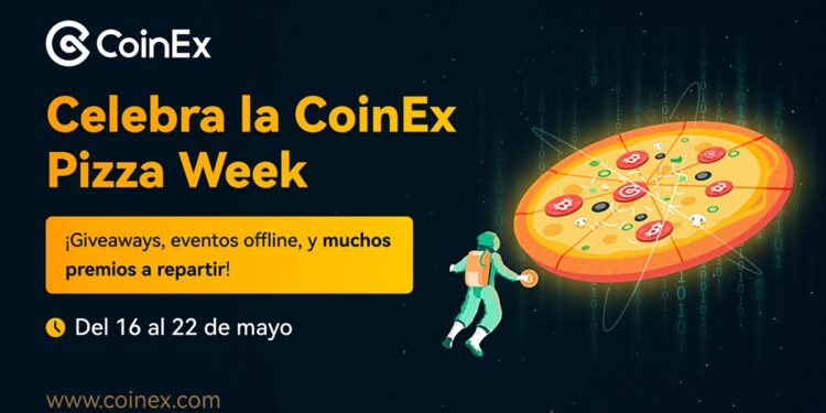 Pizza aderezada con monedas de bitcoin y otros cripto e información del evento.