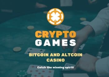 Logo de CryptoGames sobre fondo de mesa de poker.
