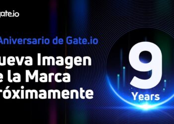 Pancarta promocional del lanzamiento de la nueva identidad de marca de Gate.io.