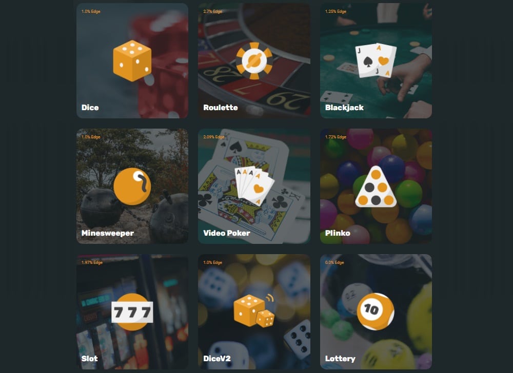 Images grouped in rows of three, of the games available at CryptoGames