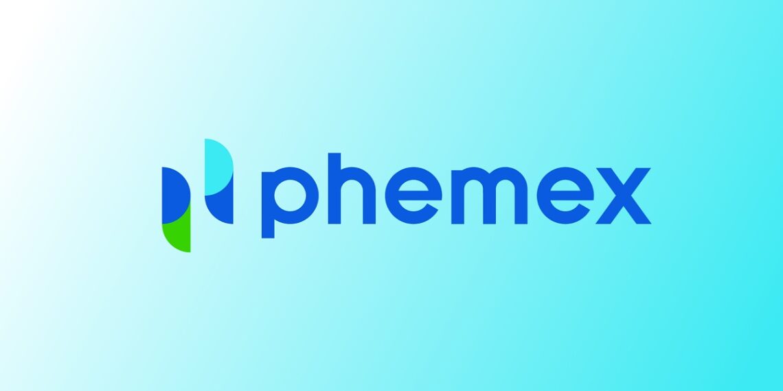 Logo azul del exchange Phemex sobre degradé de azul claro
