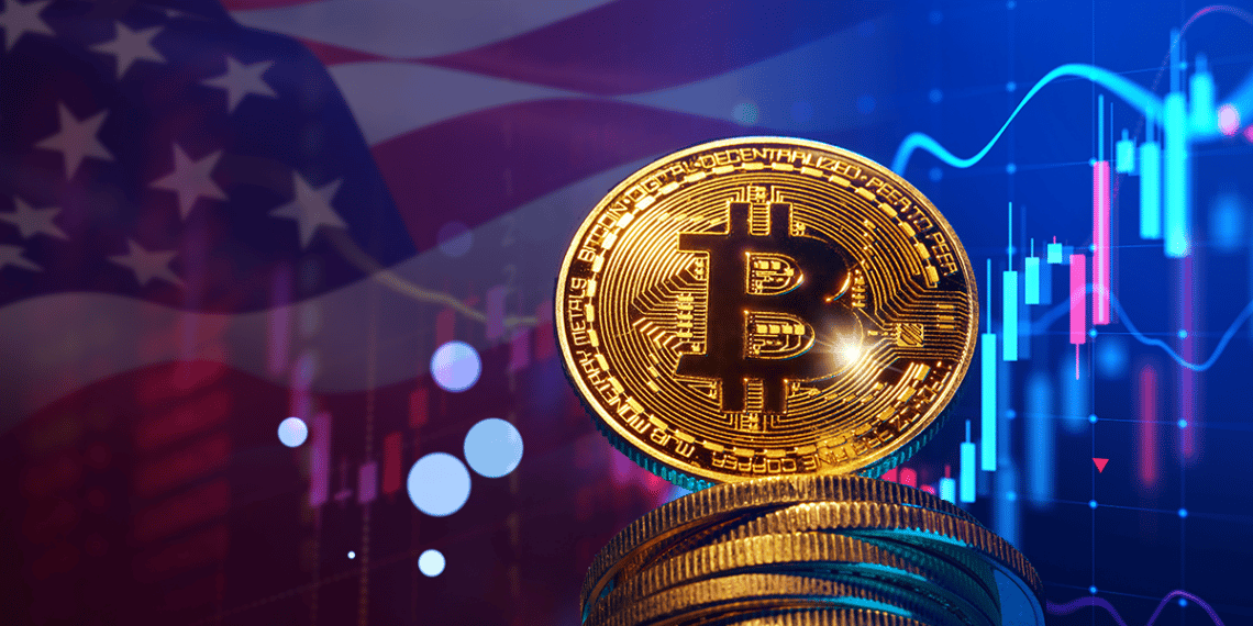 Bitcoin y bandera de USA.