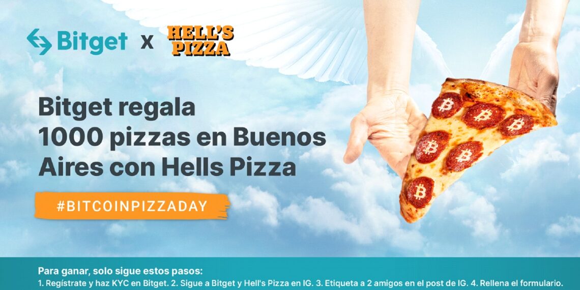 Manos de un ángel sosteniendo un slice de pizza con pepperoni con el símbolo de bitcoin