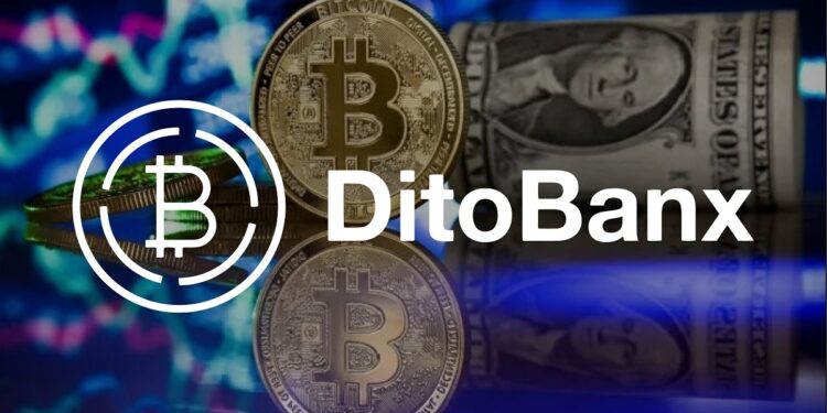 Logo de DitoBank delante de un par de monedas BTC y un billete de dólar