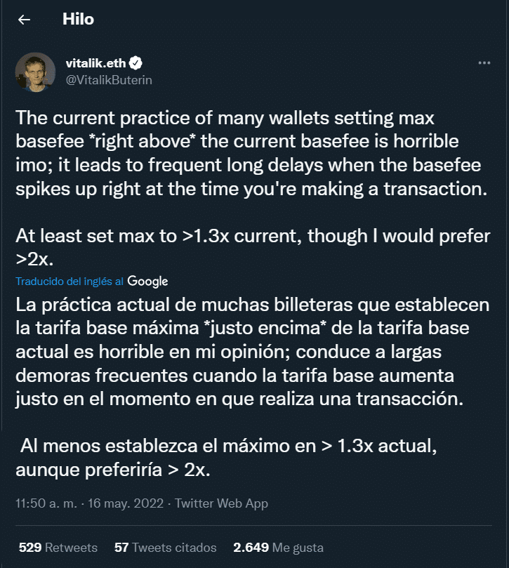 Vitalik Buterin opined on twitter about the commission settings of ethereum wallets