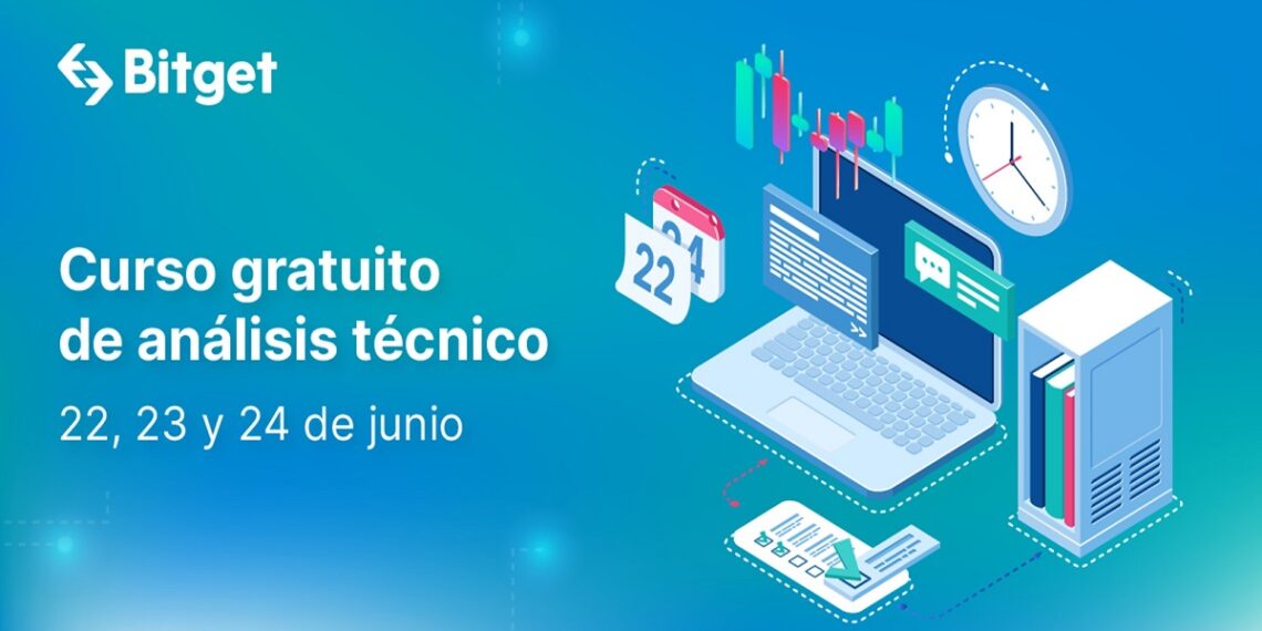 Un computador, libros, reloj y calendario que anuncian el curso de trading de Bitget