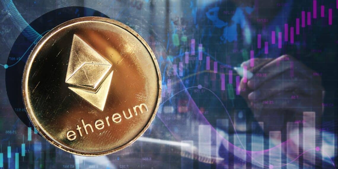 moneda de ethereum con gráficos de precio y analista de mercado en el fondo