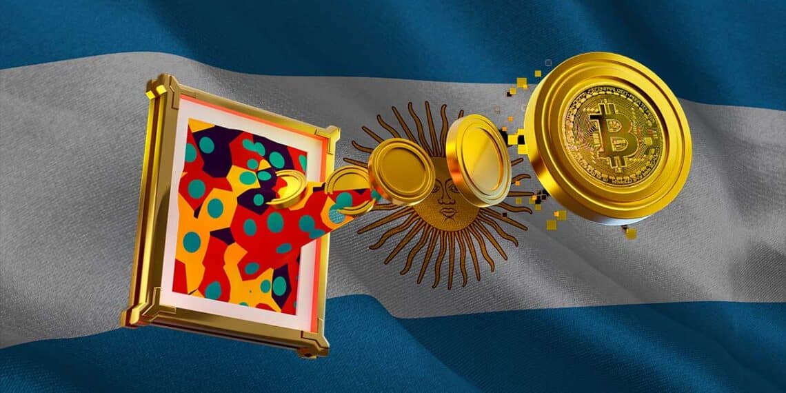 Arte premiada con bitcoin acompañados de la bandera de Argentina.