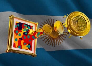 Arte premiada con bitcoin acompañados de la bandera de Argentina.